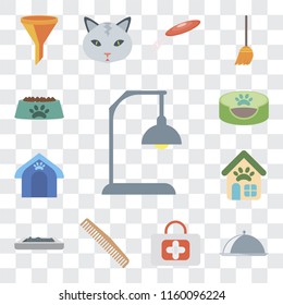 Set Of 13 transparent editable icons such as Lamp, Food, First aid, Comb, Litter box, Pet shop, house, bed, Bowl, web ui icon pack, transparency set