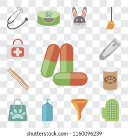 Set Of 13 transparent editable icons such as Drugs, Glove, Filter, Shampoo, Shopping bag, Pet food, Comb, Nail clippers, First aid, web ui icon pack, transparency set