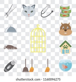 Set Of 13 transparent editable icons such as Bird cage, Fishbowl, Broom, Dustpan, Razor, Pet shop, Mouse, Hamster, Food, web ui icon pack, transparency set