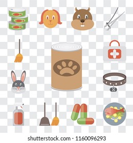 Set Of 13 transparent editable icons such as Pet food, Fish Drugs, Dustpan, Spray, Collar, Rabbit, First aid, Broom, web ui icon pack, transparency set