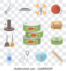 Set Of 13 transparent editable icons such as Canned food, Comb, Aquarium, Leash, Drops, Pet bed, Dustpan, Animal carrier, Scratching, web ui icon pack, transparency set