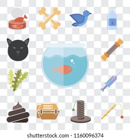 Set Of 13 transparent editable icons such as Aquarium, Toy, Scratching, Animal carrier, Poop, Syringe, Seaweed, Rope, Cat, web ui icon pack, transparency set