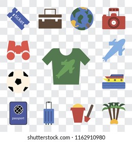 Set Of 13 transparent editable icons such as Shirt, Palm tree, Sand bucket, Luggage, Passport, Cruise, Ball, Plane, Binoculars, web ui icon pack, transparency set