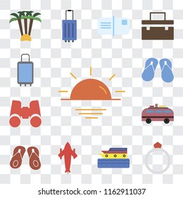 Set Of 13 transparent editable icons such as Sunset, Ring, Cruise, Airplane, Flip flops, Minivan, Binoculars, Suitcases, web ui icon pack, transparency set