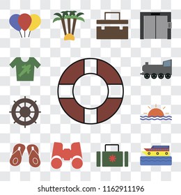 Set Of 13 transparent editable icons such as Lifebuoy, Cruise, Suitcase, Binoculars, Flip flops, Sunset, Helm, Railway, Shirt, web ui icon pack, transparency set