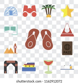 Set Of 13 transparent editable icons such as Flip flops, Room service, Cocktail, Cruise, Arch, Passport, Landmark, Purse, Snorkel, web ui icon pack, transparency set