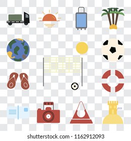 Set Of 13 transparent editable icons such as Beach volleyball, Sand castle, Purse, Photography, Postcards, Lifebuoy, Flip flops, Ball, Globe, web ui icon pack, transparency set