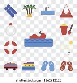 Set Of 13 transparent editable icons such as Water craft, Flip flops, Cruise, Minivan, Beach volleyball, Lifebuoy, Sand bucket, Ring, web ui icon pack, transparency set