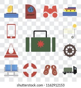 Set Of 13 transparent editable icons such as Suitcase, Trailer, Flip flops, Lifebuoy, Waiting room, Helm, Purse, Beach volleyball, Phone, web ui icon pack, transparency set