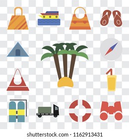 Set Of 13 transparent editable icons such as Palm tree, Binoculars, Lifebuoy, Trailer, Aqualung, Cocktail, Purse, Compass, Tent, web ui icon pack, transparency set