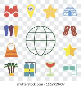 Set Of 13 transparent editable icons such as Globe, Snorkel, Cocktail, Aqualung, Palm tree, Star, Bag, Flip flops, Surfing, web ui icon pack, transparency set