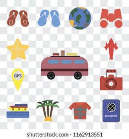 Set Of 13 transparent editable icons such as Minivan, Passport, Lifejacket, Palm tree, Cruise, Photography, Gps, Airplane, Starfish, web ui icon pack, transparency set