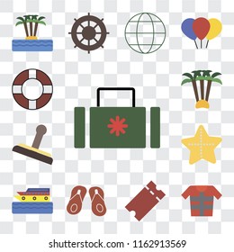 Set Of 13 transparent editable icons such as Suitcase, Lifejacket, Tickets, Flip flops, Cruise, Starfish, Stamp, Palm tree, Lifebuoy, web ui icon pack, transparency set