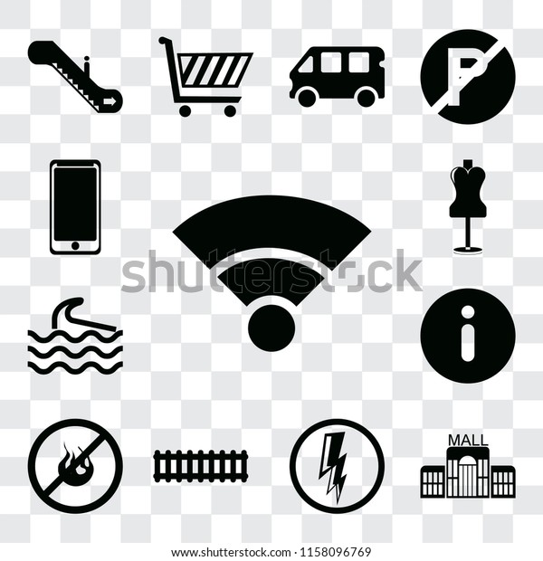 Set Of 13 transparent\
editable icons such as Wifi, Mall, Electricity, Train, No fire,\
Information, Wave, Mannequin, Smarthphone, web ui icon pack,\
transparency set