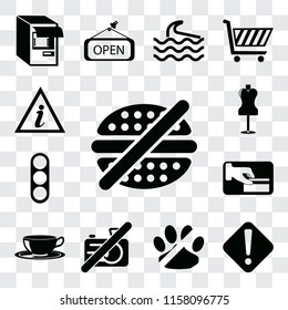 Set Of 13 transparent icons such as No fast food, Warning, pets, camera, Coffee cup, Card payment, Traffic light, Mannequin, web ui editable icon pack, transparency set
