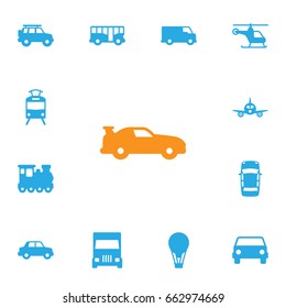 Set Of 13 Transport Icons Set.Collection Of Car, Cabriolet, Caravan And Other Elements.