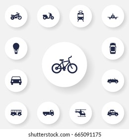 Set Of 13 Transport Icons Set.Collection Of Airship, Scooter, Autobus And Other Elements.