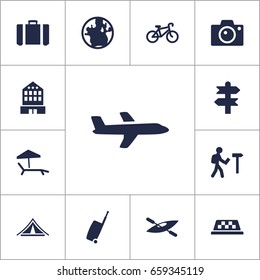 Set Of 13 Travel Icons Set.Collection Of Booth, Arrows, Suitcase And Other Elements.