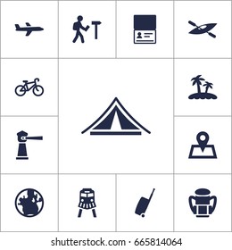 Set Of 13 Travel Icons Set.Collection Of Bike, Palm, Planet And Other Elements.