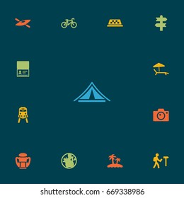 Set Of 13 Travel Icons Set.Collection Of Palm, Chaise Longue, Bike And Other Elements.