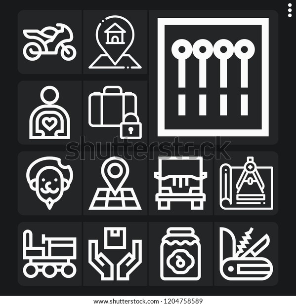 Set of 13 travel outline icons such as\
gps, compass, motorcycle, shipping, map, luggage, all terrain, don\
quixote, jam, friend, jeep, swiss\
knife