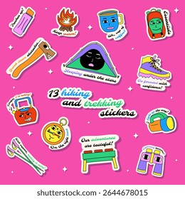 Set of 13 vibrant Y2K-style hiking and trekking stickers in doodle cartoon design. Includes camping gear, fun quotes, and outdoor tools. Perfect for prints, planners, scrapbooking, or apparel.