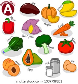 Set of 13 vitamin A sources. Vitamin A vector design.