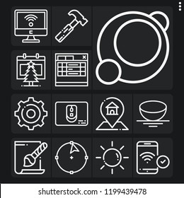 Set of 13 web outline icons such as phone, hammer, sun, gps, svg file, settings, calendar, wifi, mouse, sphere, circle