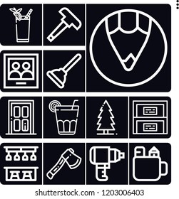 Set of 13 wood outline icons such as cuba libre, pine, bloody mary, door, axe, cabinet, pencil, plunger, pencil box, hammer, driller, picture