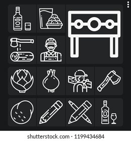 Set of 13 wooden outline icons such as wood, carpenter, gin, whiskey, punishment, pencil, axe, cookies, potato, artichoke