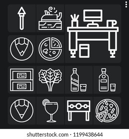 Set of 13 wooden outline icons such as spear, margarita, vodka, carpentry, punishment, whiskey, spinach, pizza, cabinet, desk