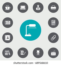 Set Of 13 Work Icons Set.Collection Of Office Chair, Printer, Calculator And Other Elements.