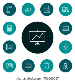 Set Of 13 Work Outline Icons Set.Collection Of Notebook, Workplace, Post And Other Elements.