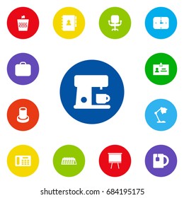 Set Of 13 Workspace Icons Set.Collection Of Espresso, Illuminator, Book And Other Elements.