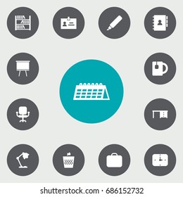 Set Of 13 Workspace Icons Set.Collection Of Desktop, Data, Date And Other Elements.