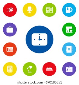 Set Of 13 Workspace Icons Set.Collection Of Time, Date, Book And Other Elements.