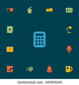 Set Of 13 Workspace Icons Set.Collection Of Illuminator , Stand , Calculate Elements.