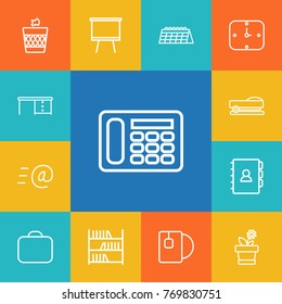 Set Of 13 Workspace Outline Icons Set.Collection Of Briefcase, Book, Bookshelf And Other Elements.