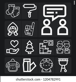 Set of 13 young outline icons such as stairs, roller, little red riding hood, barbecue, socks, best friend, friendship, sippy cup, talk, nurse, spruce, care