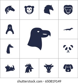 Set Of 13 Zoo Icons Set.Collection Of Horse, Wildcat, Ape And Other Elements.