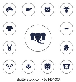 Set Of 13 Zoo Icons Set.Collection Of Trunked Animal, Rooster, Wildcat And Other Elements.