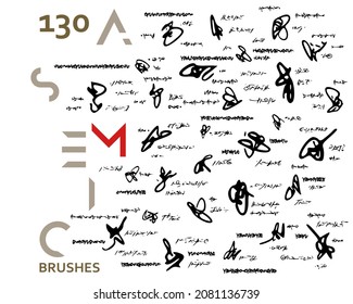 Set of 130 asemic brushes with unique shapes + editable raw vector for writing, poetry, script, contemporary painting, calligraphy, abstract arts, grunge strokes, scribbles. Create using AI CS6.