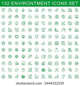 Set of 132 nature and environment line icons. sustainability, warming, renewable, sustainable, solar, fuel, innovation, pollution, alternative, environmental, global, factory, recycle