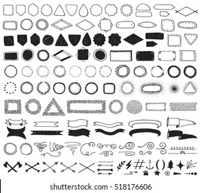 Set of 132 vintage hand drawn vector design elements, signs and symbols templates for your logotype, emblems. Collection of simple doodles frames, ribbons and labels isolated on white background.