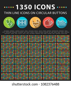 Set of 1350 Elegant Universal White Minimalistic Thin Line Icons on Circular Colored Buttons on Black Background 