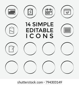 Set of 14 agenda outline icons such as calendar, plan, clipboard with chart, clipboard