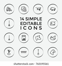 Set of 14 agriculture outline icons such as chicken, onion, wheel barrow, tractor, hog, cow, grape, lawn mower, shovel, pitchfork, rake, plowing tool