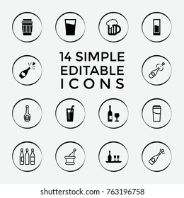 Set of 14 alcohol filled and outline icons such as drink, beer mug, wine bottle and glass, wine glass and bottle, champagne, opened champagne, champagne bottle with heart