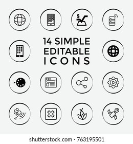 Set of 14 application filled and outline icons such as mathematical square, camera mode, calendar on phone, globe, cancel, satellite, plant, share, browser, play in gear
