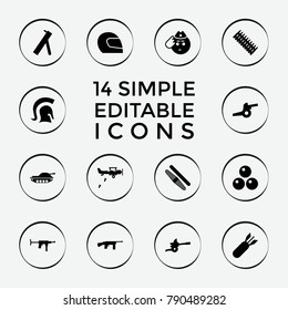 Set of 14 army filled icons such as soldier emot, rocket bomb, knight, canon ball, cannon, ammo, tank, military plane, submachine gun, sawing